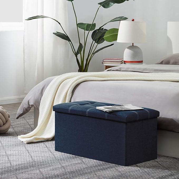 YOUDENOVA 30 Inches Folding Ottoman with Storage, Footrest Seat Support 350lbs, Bench for Living Room Bedroom, Linen Fabric Blue