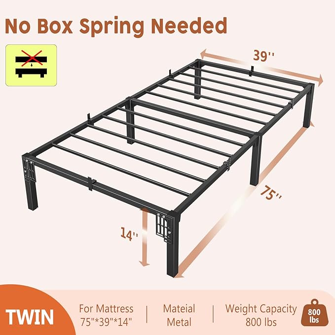 14 Inch Twin Metal Bed Frame, Heavy Duty Metal Platform Bed Frame with Reinforced Slats Support, 800 Lbs Load Capacity, Noise Free, No Box Spring Needed and Screws , Tool-Free Assembly Bed Frame
