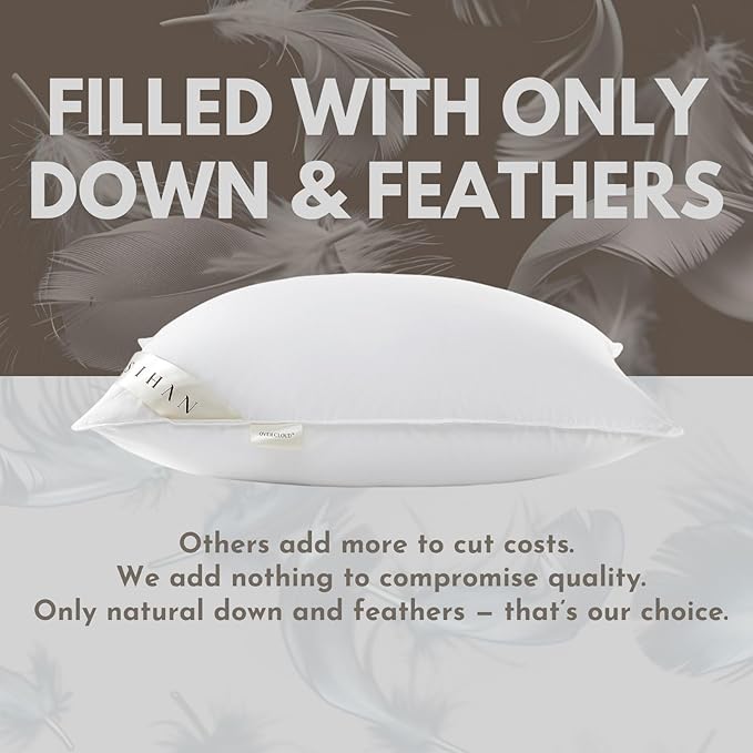 Down Feathers Pillows Standard Size Set of 2- Hotel Collection Bed Pillows | Feather-Proof 1000+ Clean | Naturally Resilient Pure | Pillows for Side, Back & Stomach Sleepers, 20"x26" 2 Pack