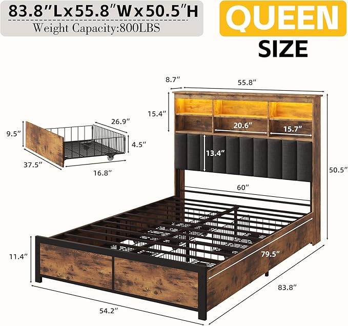 Lifezone Full Bed Frame with Headboard, Full Bed Frame with High Storage Bookcase Headboard,4 Storage Drawers & Charging Station & LED,No Box Spring Needed/Noise Free/All-Metal Support,Vintage Brown