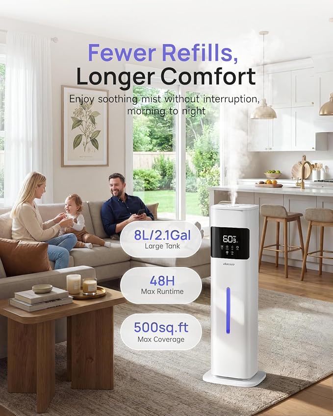 Humidifier Large Room, 2.1Gal/8L Cool Mist Humidifiers for Bedroom 500 sq ft, Humidifiers for Home with Essential Oil Diffuser, Top Fill Quiet Humidifier for Baby Nursery Office Plants, White