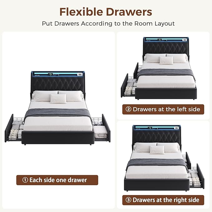 Full LED Velvet Bed Frame with 2 Storage Drawers&Hidden Headboard, Upholstered Platform Bed with Charging Station&Button Tufted Design, Wooden Slats Support, Box Spring Optional, Easy Assembly, Black