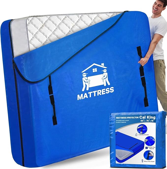 Mattress Bags for Moving, BETU Mattress Protector Waterproof Mattress Cover Cal King Size Storage Bags with 8 Heavy-Duty Handles and Zipper for Bed Extra Thick Large Reusable (86"x75"x15" Blue)