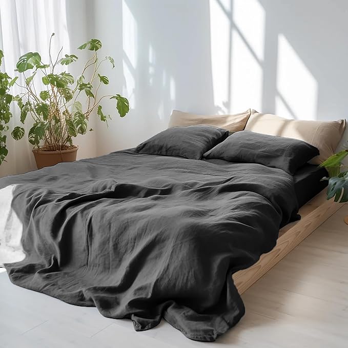 CHUFFED Linen Pillow Case 2 Pack 100% Linen Standard Pillowcases, Breathable and Cooling Washed Pillow Shams with Zipper Closure, 20x26 Inches,Dark Grey