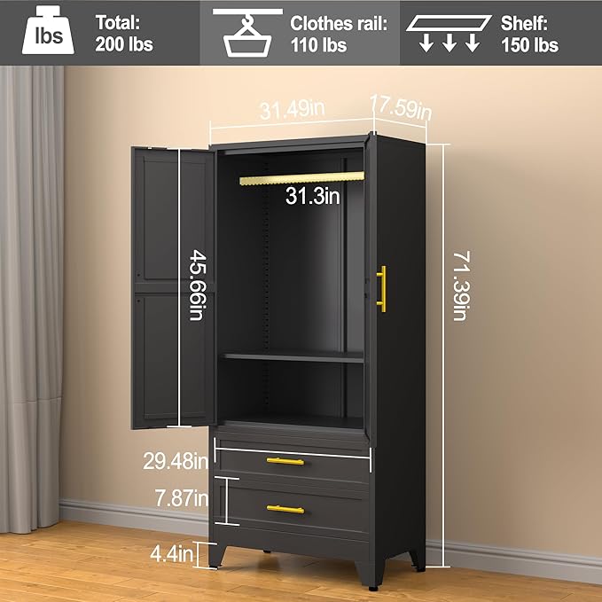 RIETERN Metal Armoire Wardrobe Closet, 71" Tall Bedroom Closet with 2 Drawers, Adjustable Shelves, and Hanging Rod, Steel Clothes Closets and Storage, for Bedroom Black