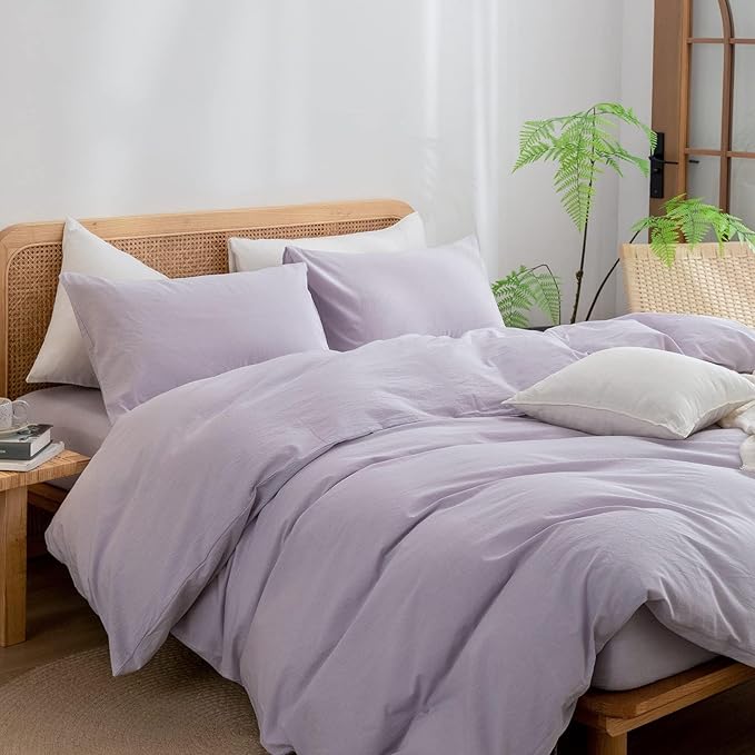BESTOUCH Duvet Cover Set 100% Washed Cotton Linen Feel Super Soft Comfortable Chic Lightweight 3 PCs Home Bedding Set Solid Taro Purple Alaska King