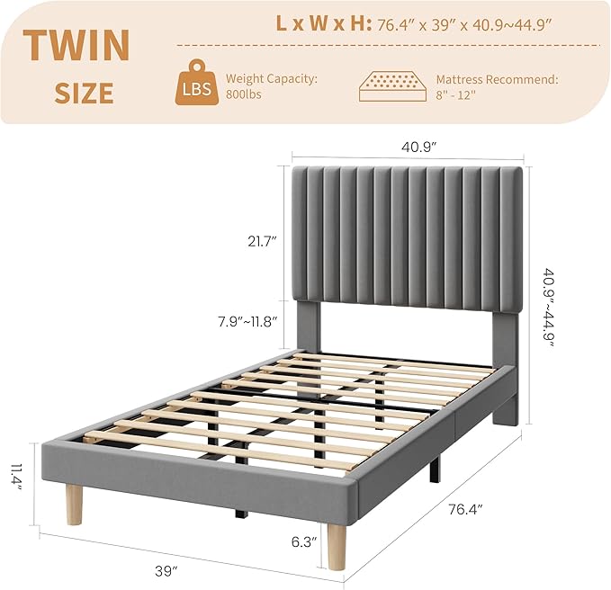 GAOMON Twin Bed Frame with Adjustable Headboard, Velvet Upholstered Platform Twin Size Bed Frame, Wooden Slats Support, No Box Spring Needed, Easy Assembly, Grey