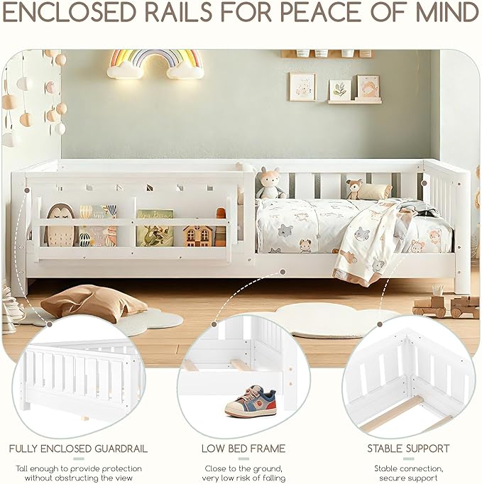 Bellemave Full Size Floor Bed Frame with Fence & Bookshelf, Solid Pinewood Montessori Floor Bed Full with Slats Load 450LBS, Low Profile Floor Bed for Kids, Nursery, Bedroom, Easy Assembly, White