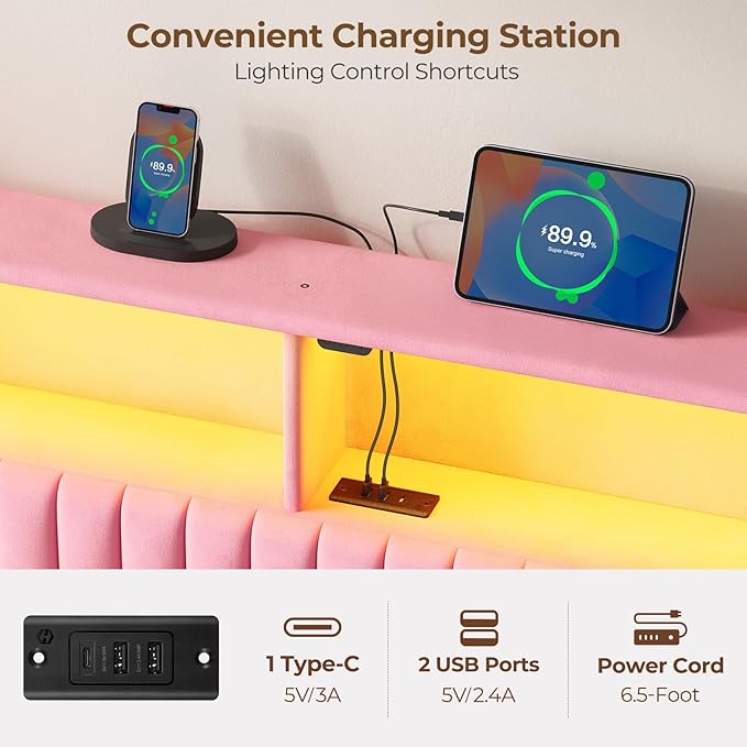 Rolanstar Headboard for King Size Bed with Storage, Head Board with USB & Type C Port, 60,000 DIY Color of LED Light, Velvet Upholstered, Height Adjustable, Sturdy, Easy Assembly, Pink
