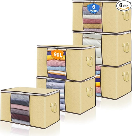 90L Clothes Blanket Storage Bags, 6 Pack Under Bed Storage Bins with Lids, Foldable Closet Organizer with Reinforced Handles for Clothing, Blanket, Comforters, Bed Sheets, Pillows and Toys, Beige
