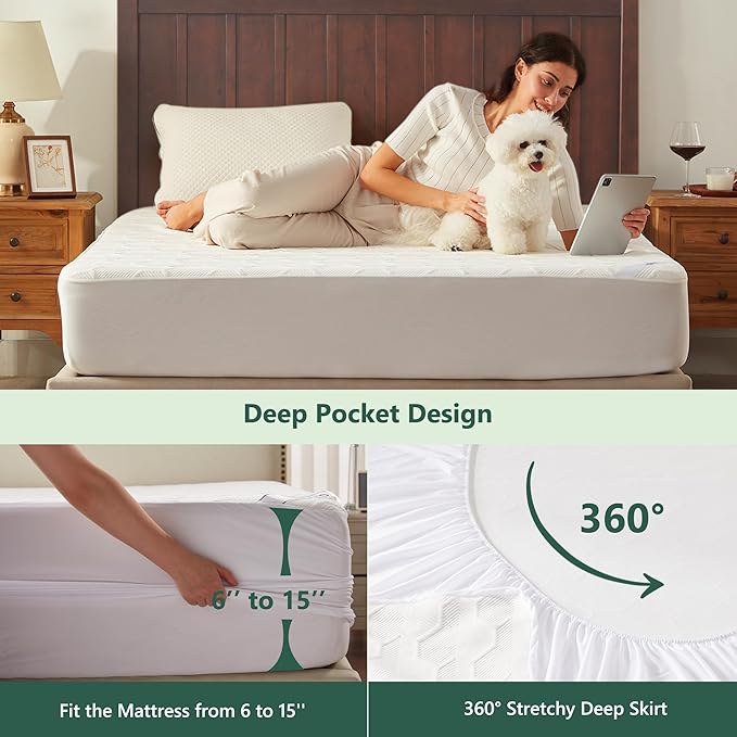 Full Size Waterproof Mattress Protector, 40% Rayon Derived from Bamboo Cooling Mattress Pad Cover, 3D Air Fabric Breathable Mattress Pad Fitted with Deep Pocket 6"- 15" Machine Washable