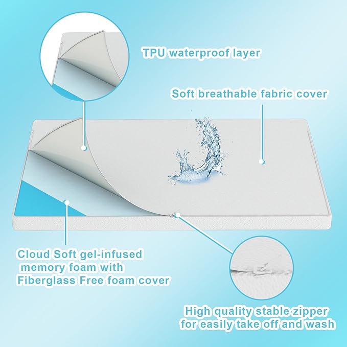 2"x27.5"x52" Mattress Topper, 27.5" Wx52 L Size with Super Soft Water-Resistant, Detachable & Machine Washable Cover, CertiPUR-US Certified Gel-Infused Memory Foam Pad, Pure White