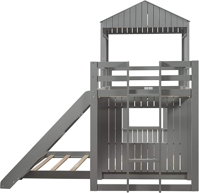 Harper & Bright Designs Twin Over Full House Bunk Bed with Slide, Solid Wood Floor Bed with Ladder, Windows & Roof, Fun Cottage Beds for Kids Teens Girls Boys – Gray