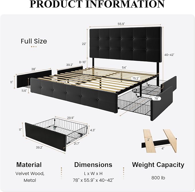 SHA CERLIN Full Size Platform Bed Frame with 4 Oversized Storage Drawers, Adjustable Headboard with Velvet Upholstery, Square Button Tufted Design, Wooden Slat Support, No Box Spring Needed, Black