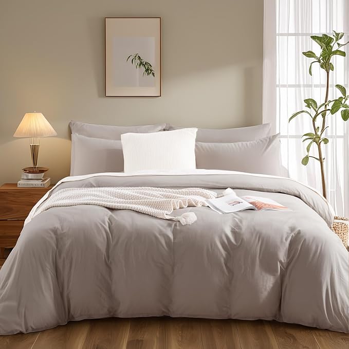 NEXHOME PRO Duvet Cover Set King Size Linen Look Organic Natural 100% Washed Cotton Duvet Cover Linen Cream Grey 3 Pieces Bedding Set with Zipper Closure, Breathable, Lightweight (No Comforter)