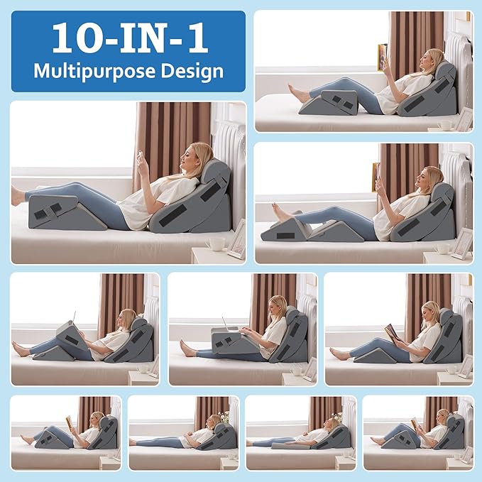 Ahpmeoa 5Pcs Wedge Pillow Set for After Surgery, Orthopedic Bed Wedge Pillow Set for Post Surgery, Acid Reflux Relief, Sleeping, Back Pain Relief, Adjustable Back Pillow for Bed Sitting up, Grey