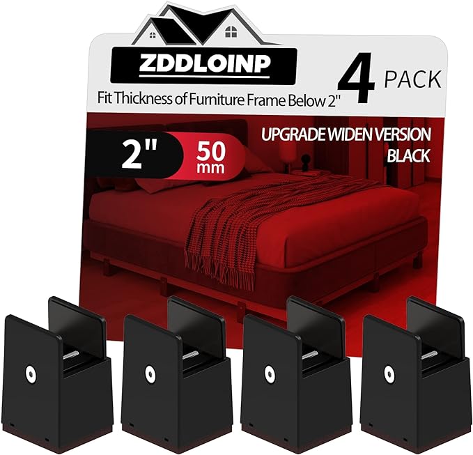 4Pack Bed Risers with Adjustable Screw Clamp, Fit Thickness of Furniture Frame from 0 to 2 Inch, Elevation in Heights 2" Heavy Duty Risers for Lifting Couch Desk Table Cabinet Nightstand, Black