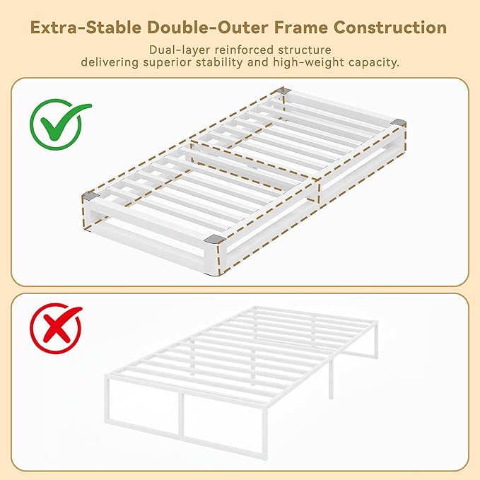 6 Inch Twin Bed Frames with Rounded Corner and Squeak Free U-Slot Design, Metal Platform Bed Frames 6 Non-Slip Guards, 3500lbs Heavy Duty Steel Slat Support, No Box Spring Needed, White