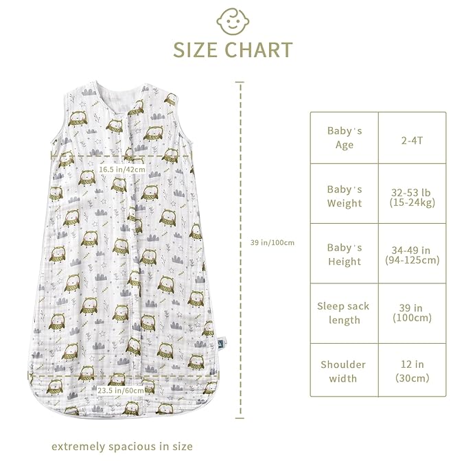 TADO MUSLIN Toddler Sleep Sack 2-4T, 0.5 TOG Lightweight Wearable Blanket, 100% Organic Cotton Muslin, Sleeveless, 2-Way YKK Zipper, OEKO-TEX Certified, Owl