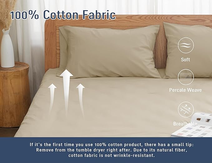 Pillow Cases, King Size Cotton Percale Weave Pillowcases, Pre-Shrunk Breathable and Hypoallergenic Pillowcases, Set of 2 (2 Piece King 20 Inch x 40 Inch, Light Brown)