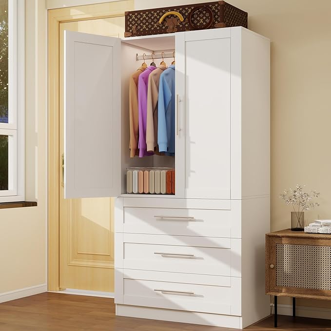 Armoire Wardrobe Closet with 3 Deep Drawers and Doors 71" Clothing Storage Cabinet with Hanging Rod Wooden Wardrobe Cabinet for Bedroom, Large Capacity Storage White