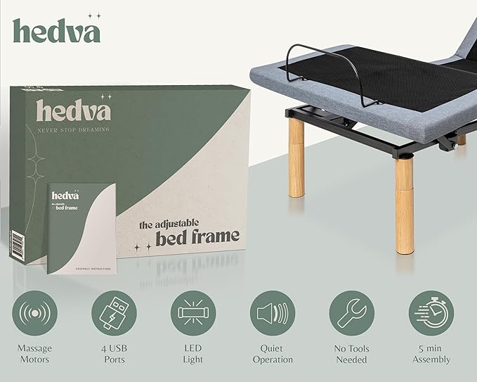 Hedva Adjustable Bed Frame with Massage Motors, 4 USB Ports, LED Light, 5-Minute Assembly, Multiple Preset Positions for Ultimate Comfort, Wireless Remote Control Adjustable Bed