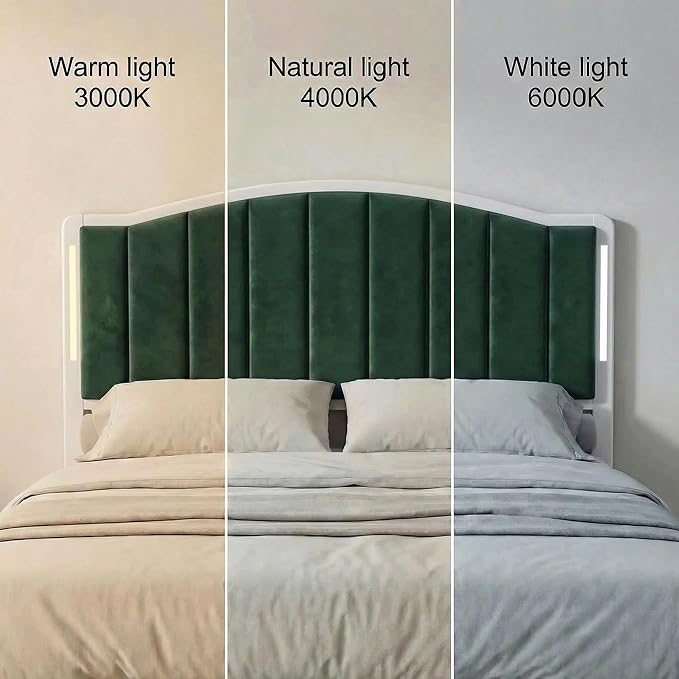 Headboard for King Size Bed with LED Lights, Upholstered Vertical Channel Tufting Head Boards, Velvet Headboard Only, Study & Comfortable, Ideal for Bedroom, Dorm, Guest Room, Green