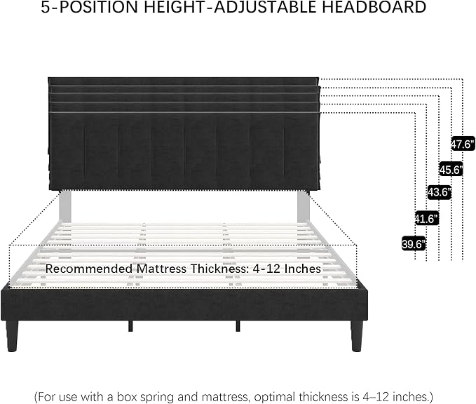 VECELO King Size Bed Frame with Upholstered Headboard, Heavy-Duty Bedframe with Strong Wooden Slats Support, No Boxing Spring Needed, Velvet & Black