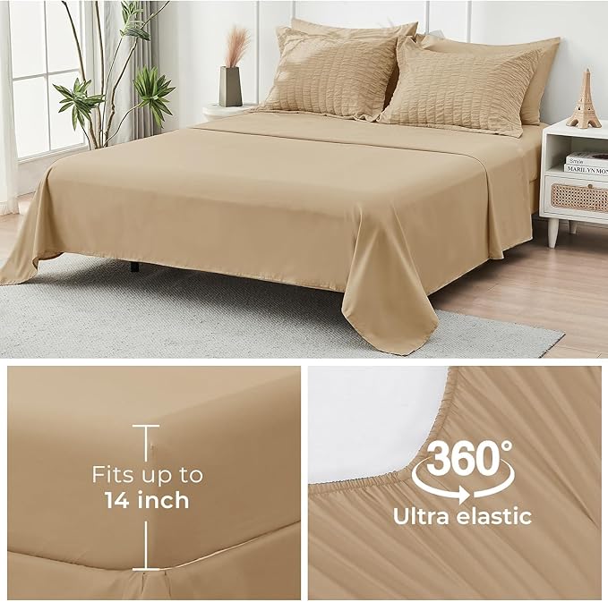 HYMOKEGE Khaki King Size Comforter Set Seersucker 7 Pieces, All Season Luxury Bed in a Bag for Bedroom, Bedding Set with Comforter, Sheets, Pillowcases & Shams