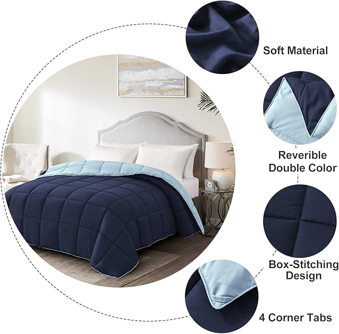 Homelike Moment Comforter King Size - Blue Duvet Insert Down Alternative Bed King Comforter, Lightweight Bedding Comforters Quilted Soft All Season Reversible Navy/Light Blue
