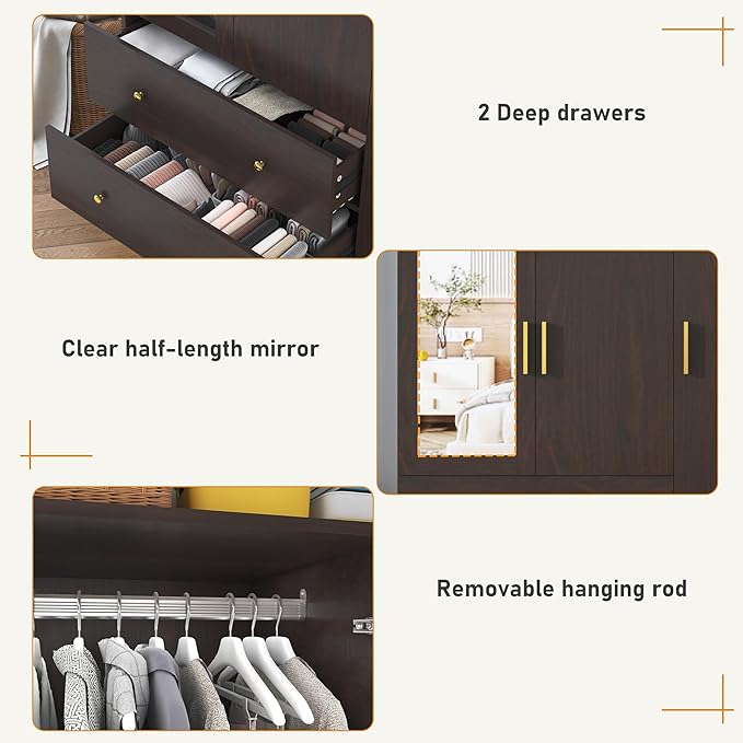 chartustriable 3 Doors Armoire Wardrobe Closet with Mirror, LED Armoire with Doors and Drawers, Wooden Wardrobe Storage Cabinet with Hanging Rod, Adjustable Shelves, Brown
