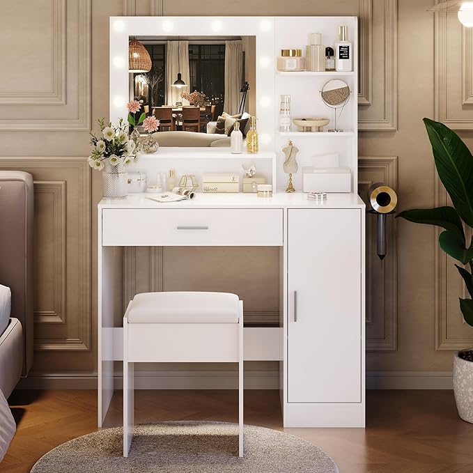 Garvee Vanity Desk with Mirror and Light, Makeup Dressing Table with Large Drawers and 3-Level Storage Dresser, 3 Lighting Modes Adjustable Brightness, Modern Vanity Set for Bedroom, White