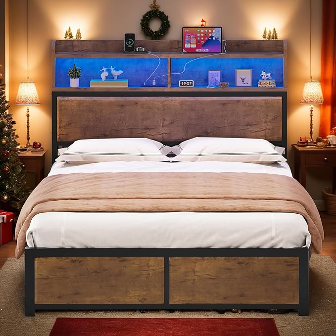 YITAHOME Full Bed Frame with 2-Tier Storage Headboard, Metal Platform Bed Frame with Charging Station & LED Lights, Noise-Free/Metal Support/No Box Spring Needed, Rustic Brown
