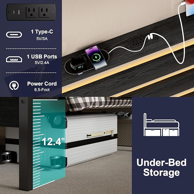 J.Fkne Twin Bed Frame with Headboard, Platform Bed with LED & Charging Station, Heavy Duty Metal Slats, No Box Spring Needed, Noise Free, Easy Assembly, Black