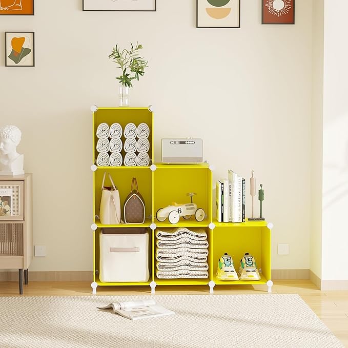 AWTATOS Cube Storage Organizer, 6 Cube Closet Organizers and Storage, DIY Stackable Bookshelf Plastic Clothes Organizer Shelving for Bedroom, Home, Yellow