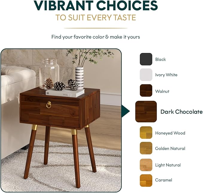 Bme Alden Solid Wood Nightstand/Side Table/End Table, Fully Assembled, with 1-Drawer for Mid Century Bedroom and Living Room, (12mm), Dark Chocolate