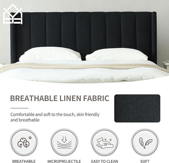YUHUASHI upholstered Platform Bed Frame/King Bed Frame/Modern Geometric Double-Wing Design headboard/Linen Fabric/Easy to Assemble no Noise (Black, King (U.S. Standard))