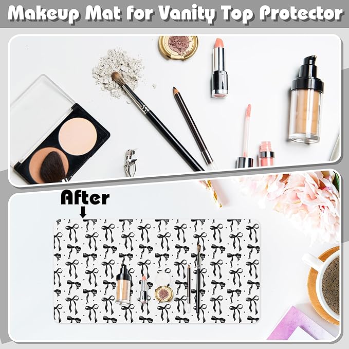 Teenyyou Coquette Bow Makeup Mat for Vanity Top Protector Graduation Gift Dual Side Leather Desk Mouse Pad Girly Waterproof Nonstick Dressing Accessories for Women Home Office(Black,15.7"x31.5")