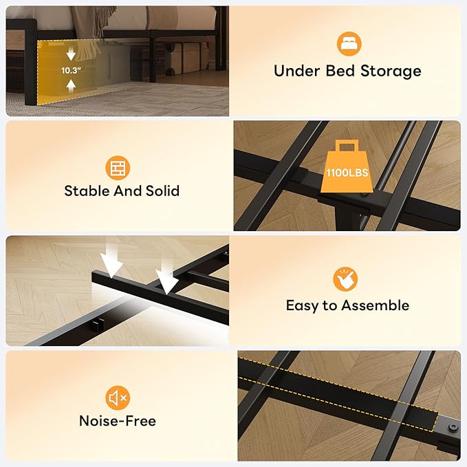 LIKIMIO Queen Bed Frame with Storage Headboard and LED Lights, Metal Platform Bed with Charging Station, Noise Free, No Box Spring Needed, Under Bed Storage, Natural and Cream