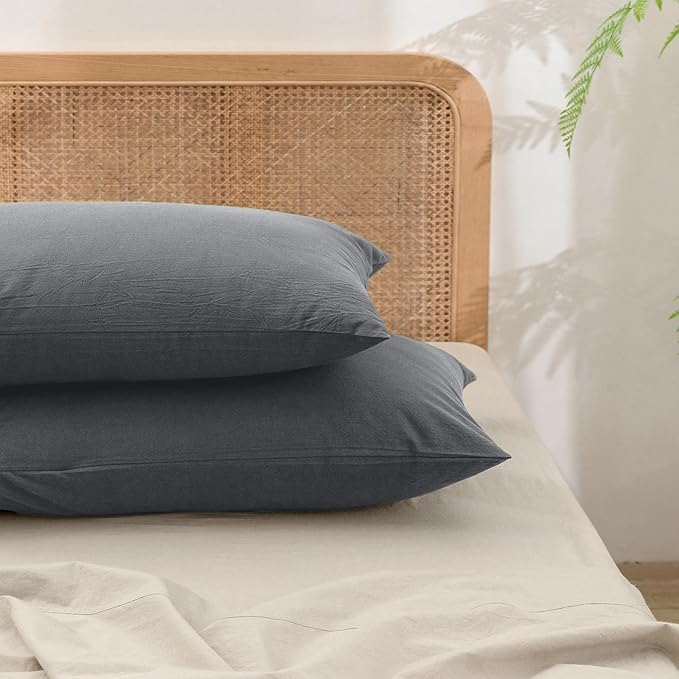 BESTOUCH 100% Washed Cotton Pillowcase for Hair and Skin Linen Feel Soft Comfortable Breathable 2 Set Pillow Case with Envelope Closure Solid Quiet Shade Grey Queen 20x30 Inches