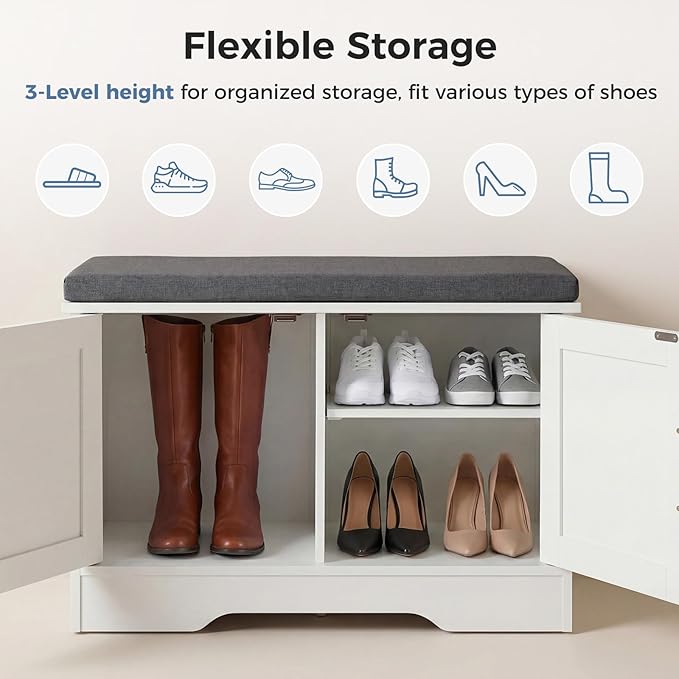 DUMOS Storage Bench, Shoe Organizer Cabinet with Thickened Padded Seat Cushion, Entryway Bench with 2 Doors & Adjustable Shelf for Hallway, Bedroom, Living Room, 28 inch, White