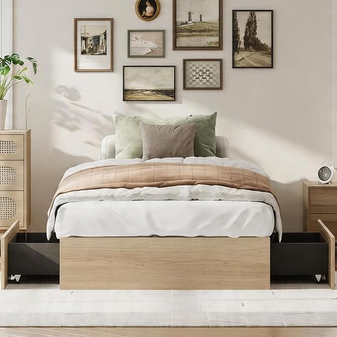 IDEALHOUSE Twin XL Bed Frame with 2 Storage Drawers, Wooden Bed Frame Without Headboard, Minimalist Floor Platform Bed, Wood Slat Support, Noise Free, No Box Spring Needed, Easy Assembly