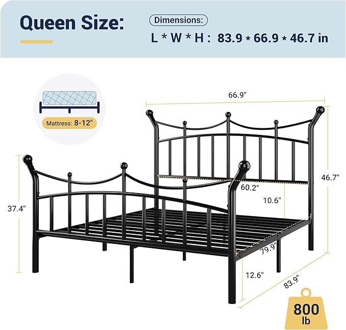 Allewie 14 Inches Queen Size Metal Platform Bed Frame with Elegant Crown Iron-Art Headboard & Footboard, Sturdy Mattress Foundation with Under-Bed Storage, Easy Assembly, No Box Spring Needed, Black