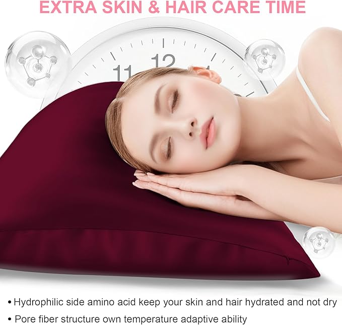 Silk Pillow Cases 2 Pack Standard Size with Hidden Zipper, Mulberry Silk Pillowcase for Hair and Skin, Smooth and Soft Breathable Cooling Silk Satin Pillowcase Set of 2, Gifts for Women，Burgundy Red