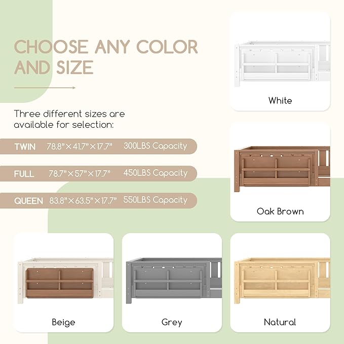 Bellemave Queen Floor Bed Frame with Fence & Bookshelf, Solid Pinewood Montessori Floor Bed Frame Queen with Slats Load 550LBS, Low Floor Bed for Kids, Bedroom, Nursery, Easy Assembly, Beige