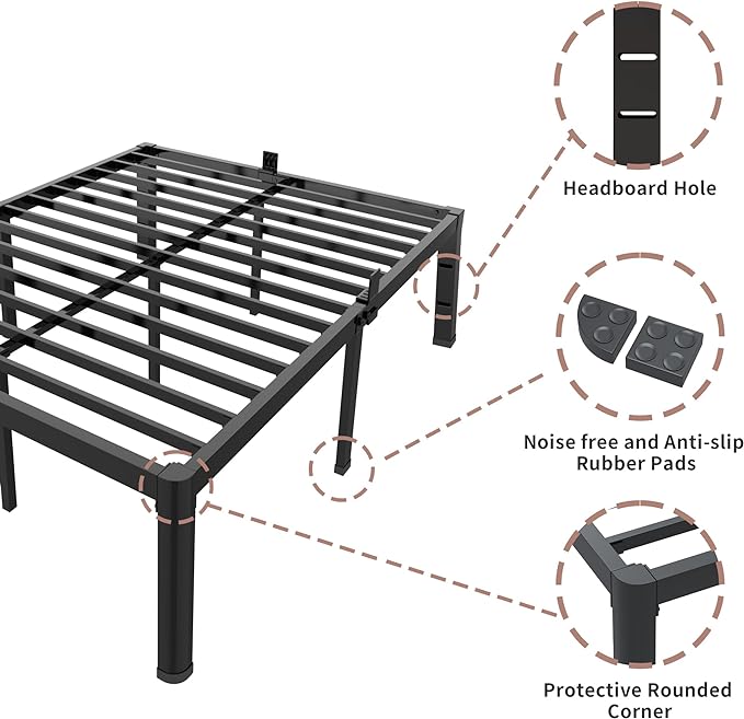 ROIL 14 inch Full Size Bed Frame with Headboard Hole and Round Corner Legs Mattress Retainers 3500LBS Heavy Duty Steel Slats No Box Spring Needed Platform Noise-Free Underneath Storage