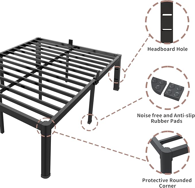 ROIL 16 Inch King Bed Frame with Rounded Corner and Headboard Hole Mattress Retainers 3500LBS Metal Heavy Duty Steel Slats No Box Spring Needed Platform Noise-Free Easy Assembly
