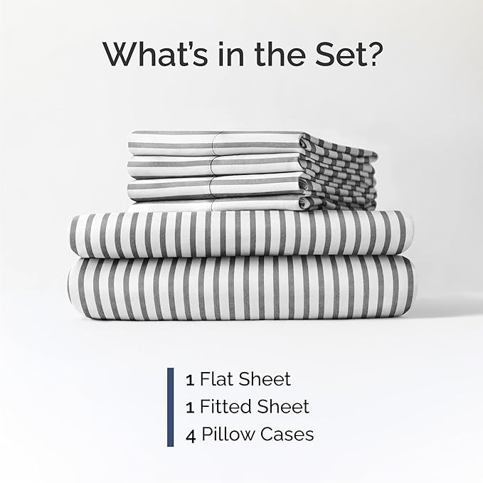 Queen 6 Piece Sheet Set - Comfy, Breathable & Cooling - Soft Hotel Luxury Bedding for Women, Men, Kids, Teens and Children - 1 Flat & 1 Fitted Sheet & 4 Pillowcases with Deep Pockets - Grey Stripes 2