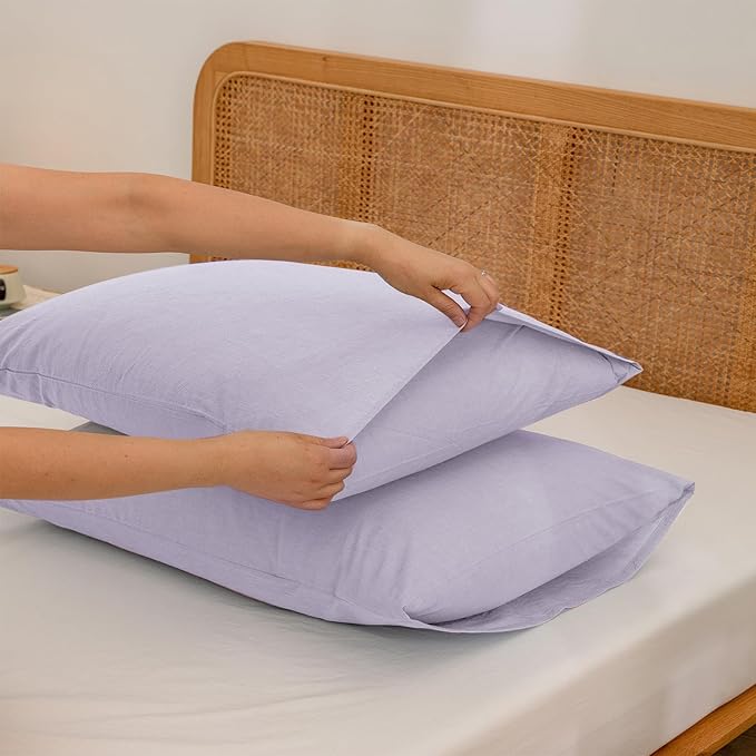 BESTOUCH 100% Washed Cotton Pillowcase for Hair and Skin Linen Feel Soft Comfortable Breathable 2 Set Pillow Case with Envelope Closure Solid Taro Purple Queen 20x30 Inches