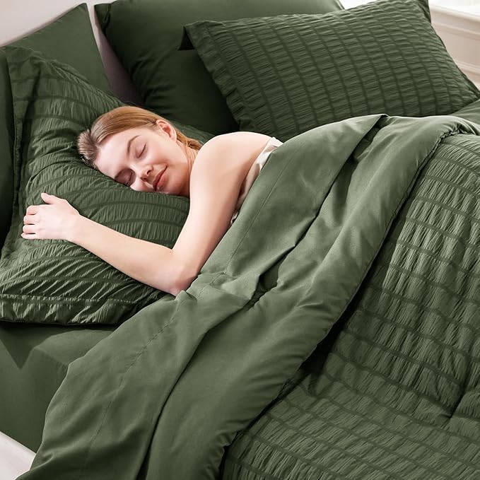 CozyLux Twin Comforter Set with Sheets 5 Pieces, Olive Green Seersucker Textured Bed in a Bag, Luxury Soft Bedding Sets with Down Alternative Comforter, Sheets, Pillowcase & Sham for All Seasons